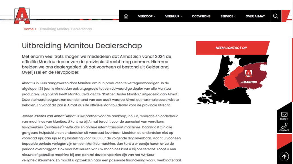 screenshot van het nieuwsbericht op de website van Almat zelf