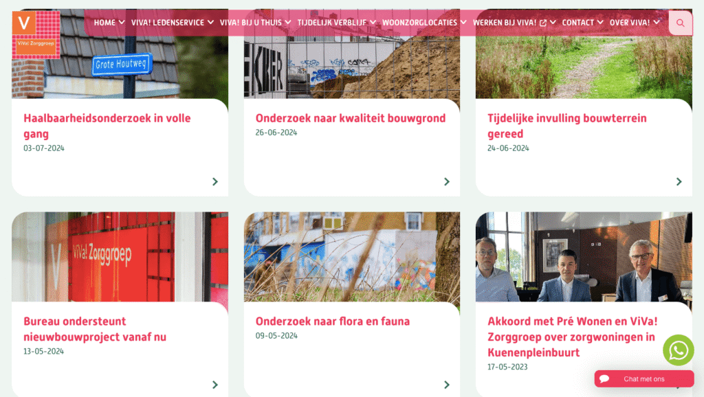 screenshot van een nieuwsberichten pagina op de website