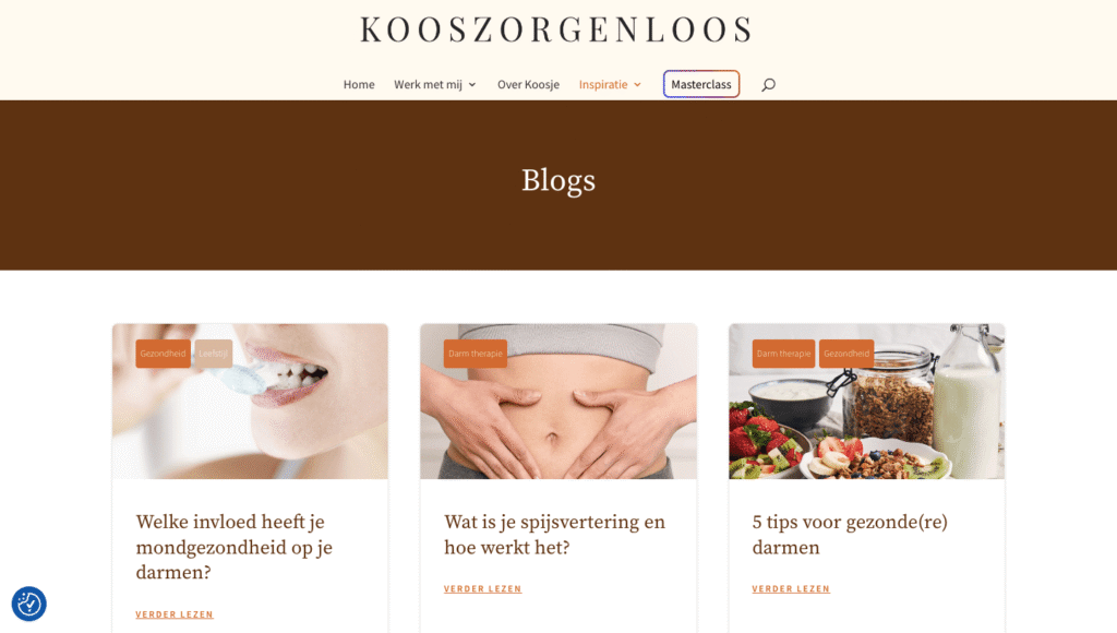 screenshot van de blogpagina van Kooszorgenloos waar ik wekelijks voor blog